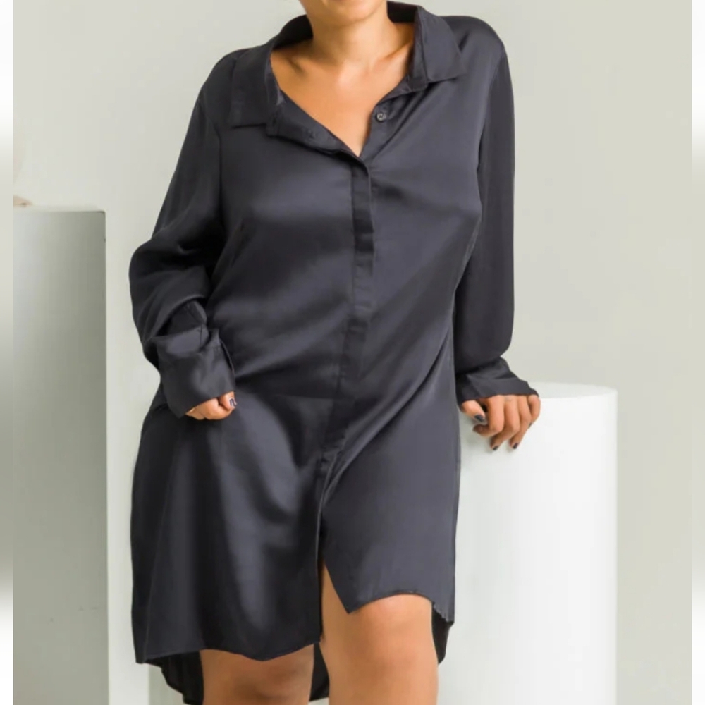 Ettitude, NIB, Sateen Dress Shirt,Onyx Black, XS